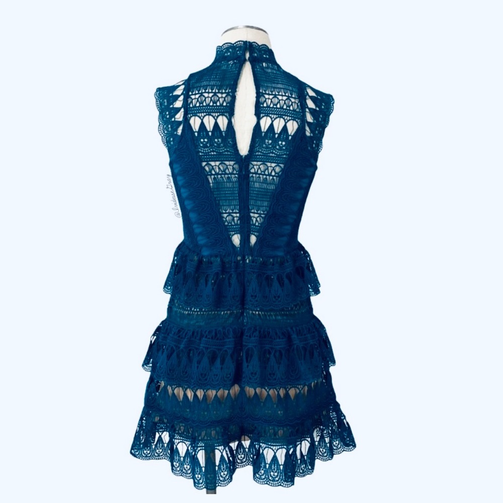 Self-Portrait Teardrop Guipure Tiered Lace Turquoise Teal BOHO Embroidery Dress - Picture 12 of 16